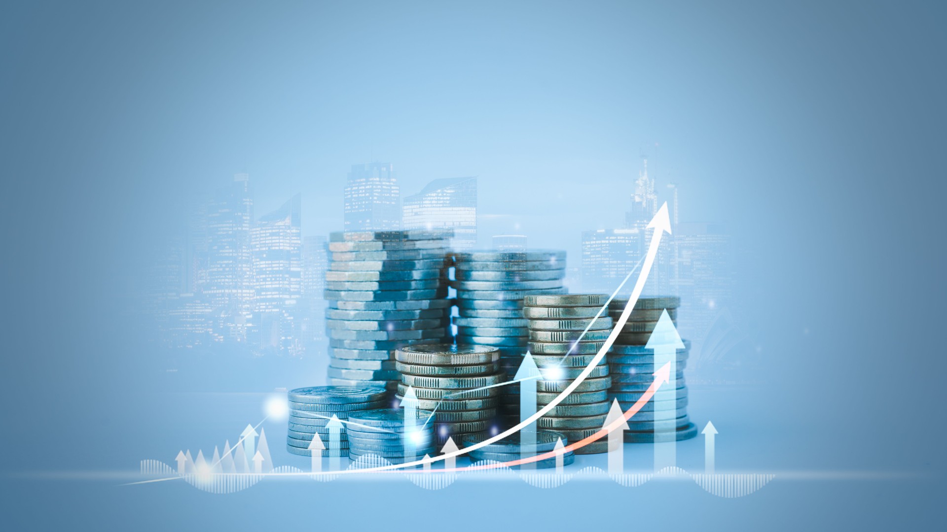 financial concepts and financial investment business stock growth stack of silver and gold coins with trading chart arrow up interest increasing and blurred city building real estate background